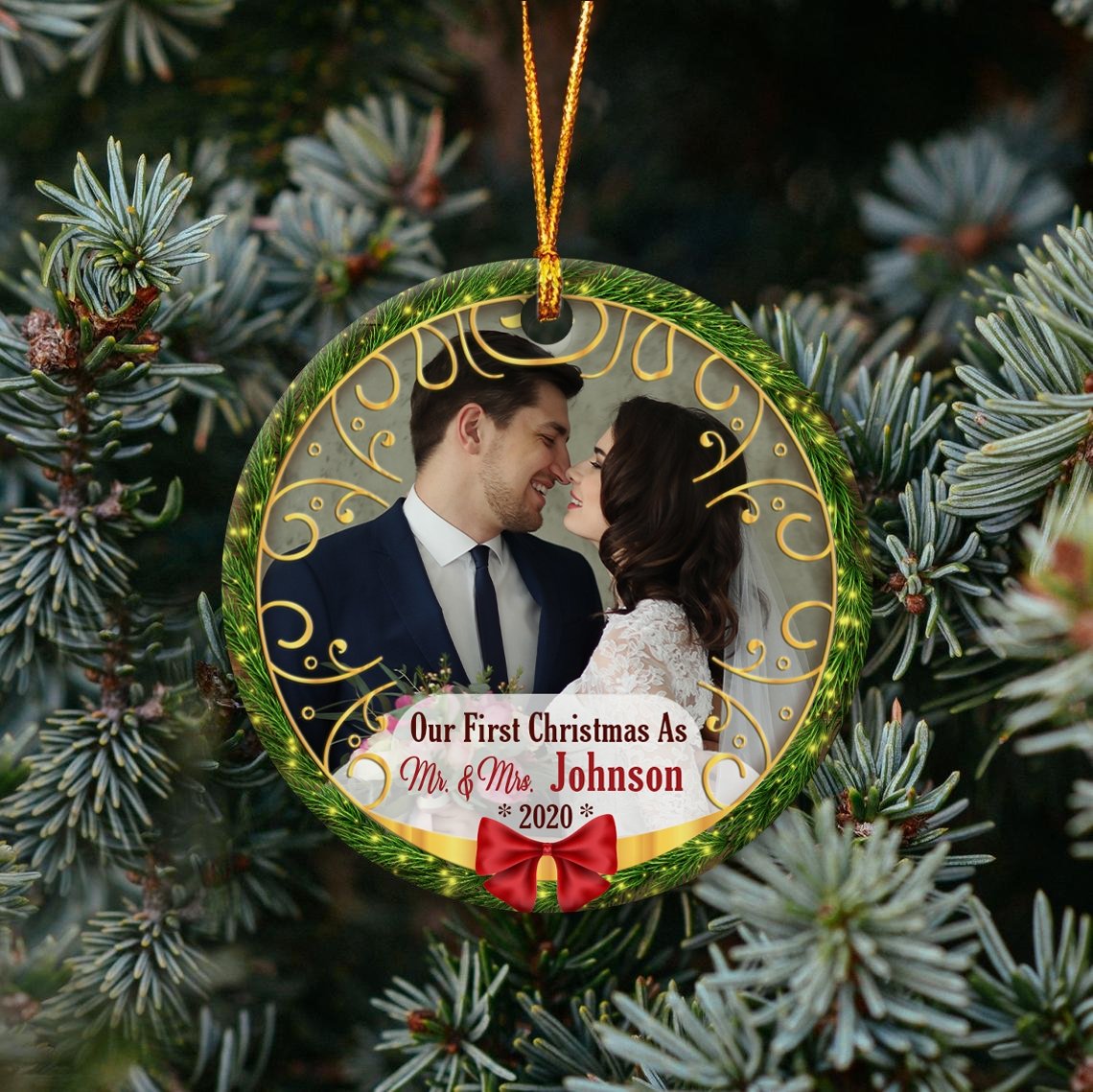 Our First Christmas As Mr & Mrs Custom Upload Photo And Text Decorative Christmas Circle Ornament 2 Sided