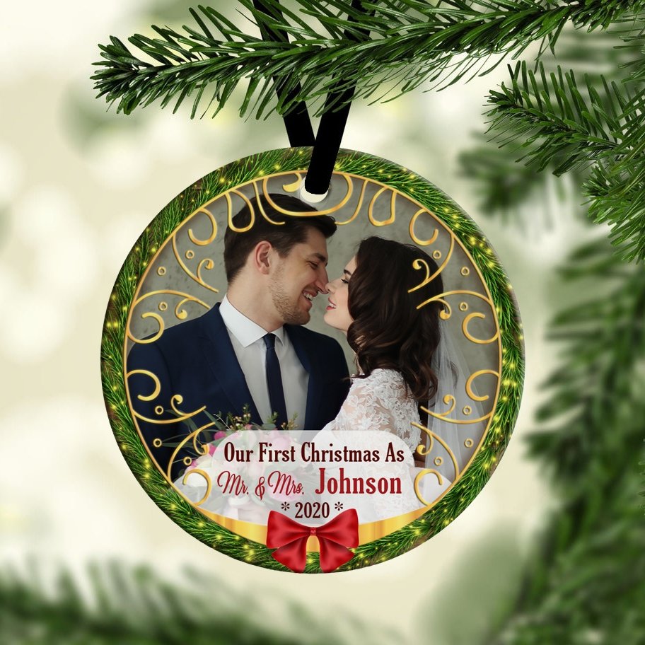 Our First Christmas As Mr & Mrs Custom Upload Photo And Text Decorative Christmas Circle Ornament 2 Sided