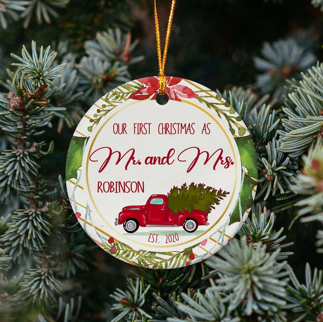 Our First Christmas As Ms And Mrs 2020 Red Truck Decorative Christmas Circle Ornament 2 Sided