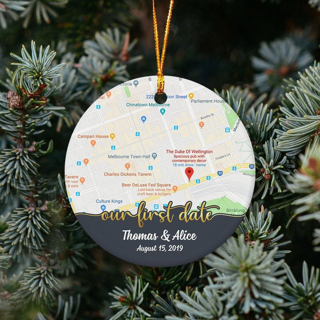 Our First Date Custom Anniversary Gift For Couples Personalized Map Decorative Christmas Circle Ornament 2 Sided