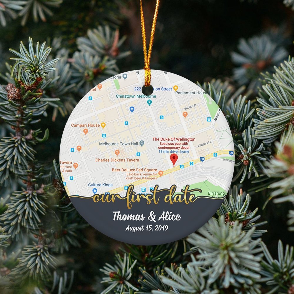 Our First Date Custom Anniversary Gift For Couples Personalized Map Decorative Christmas Circle Ornament 2 Sided