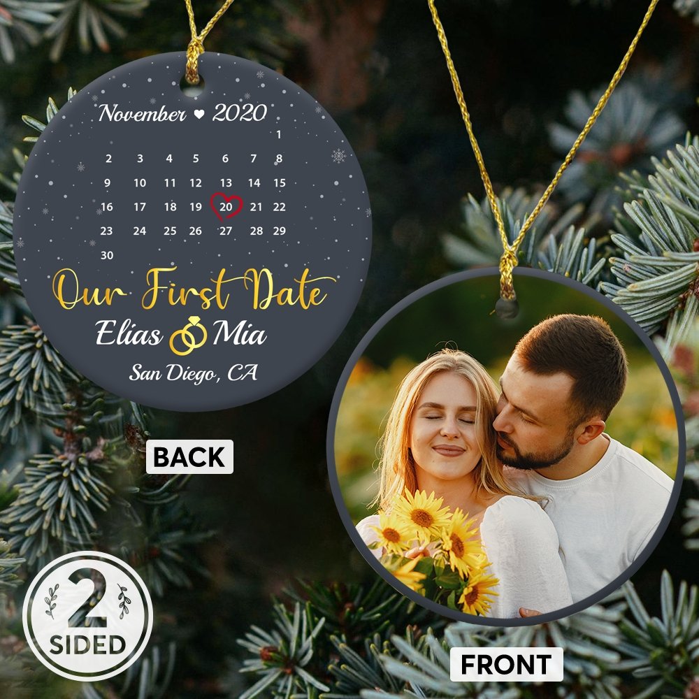 Our First Date Custom Photo, Date And Text Anniversary Gift Navy Background Decorative Christmas Circle Ornament 2 Sided