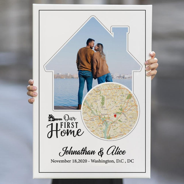 Our First Home Custom Map, Photo And Text White Background Canvas