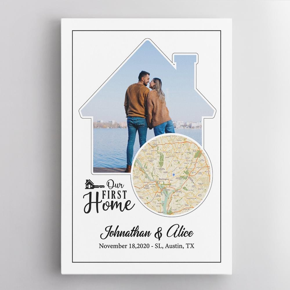 Our First Home Custom Map, Photo And Text White Background Canvas