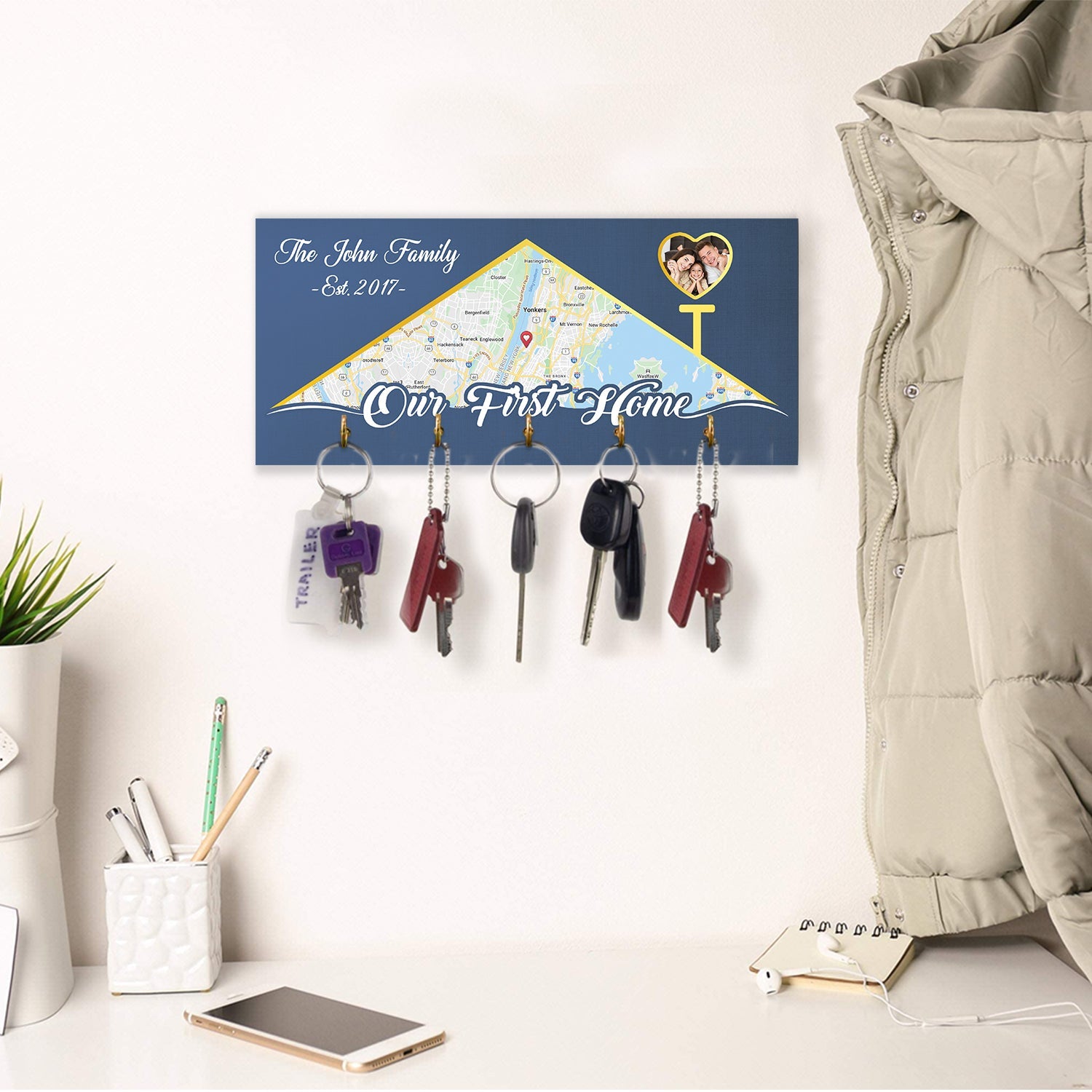 Our First Home, Custom Map Print, Personalized Name And Years, Key Hook