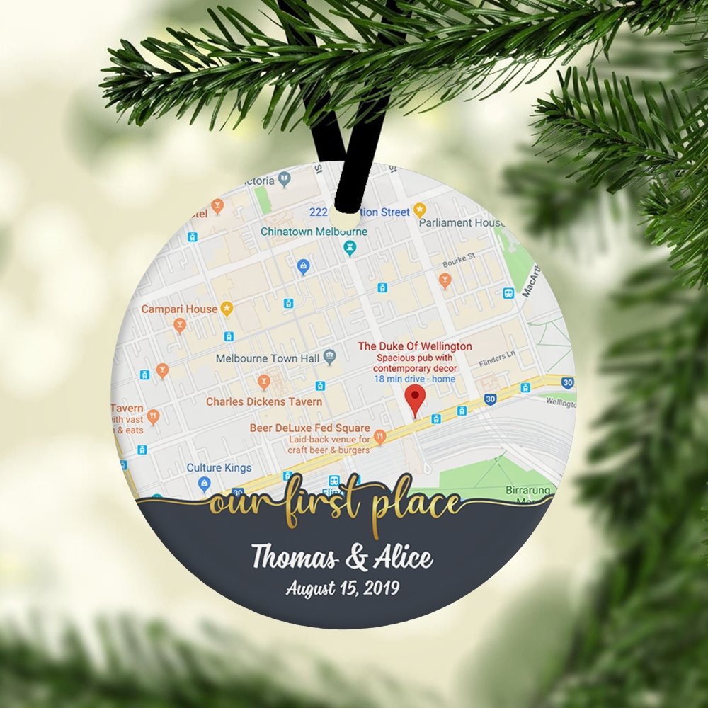 Our First Place Custom Anniversary Gift For Couples Personalized Map Decorative Christmas Circle Ornament 2 Sided