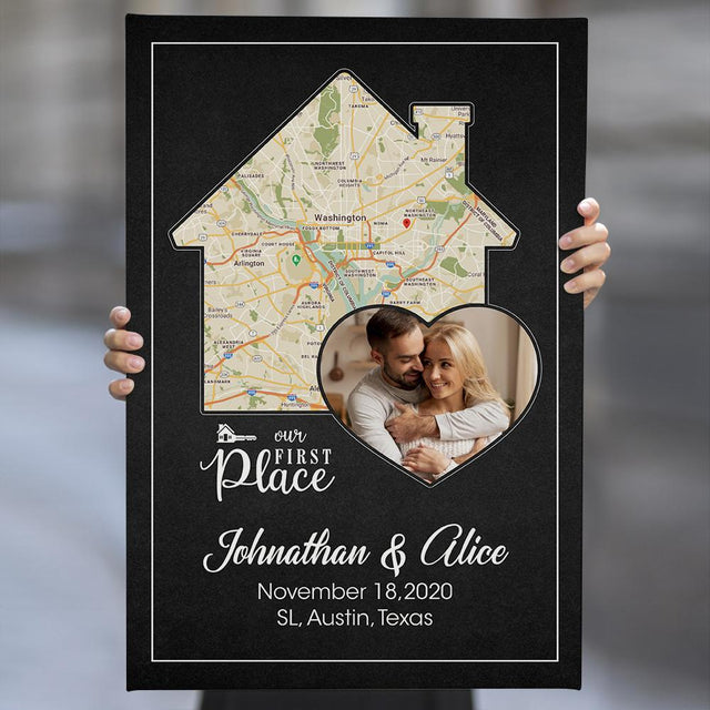 Our First Place, Custom Map, Photo And Text Canvas