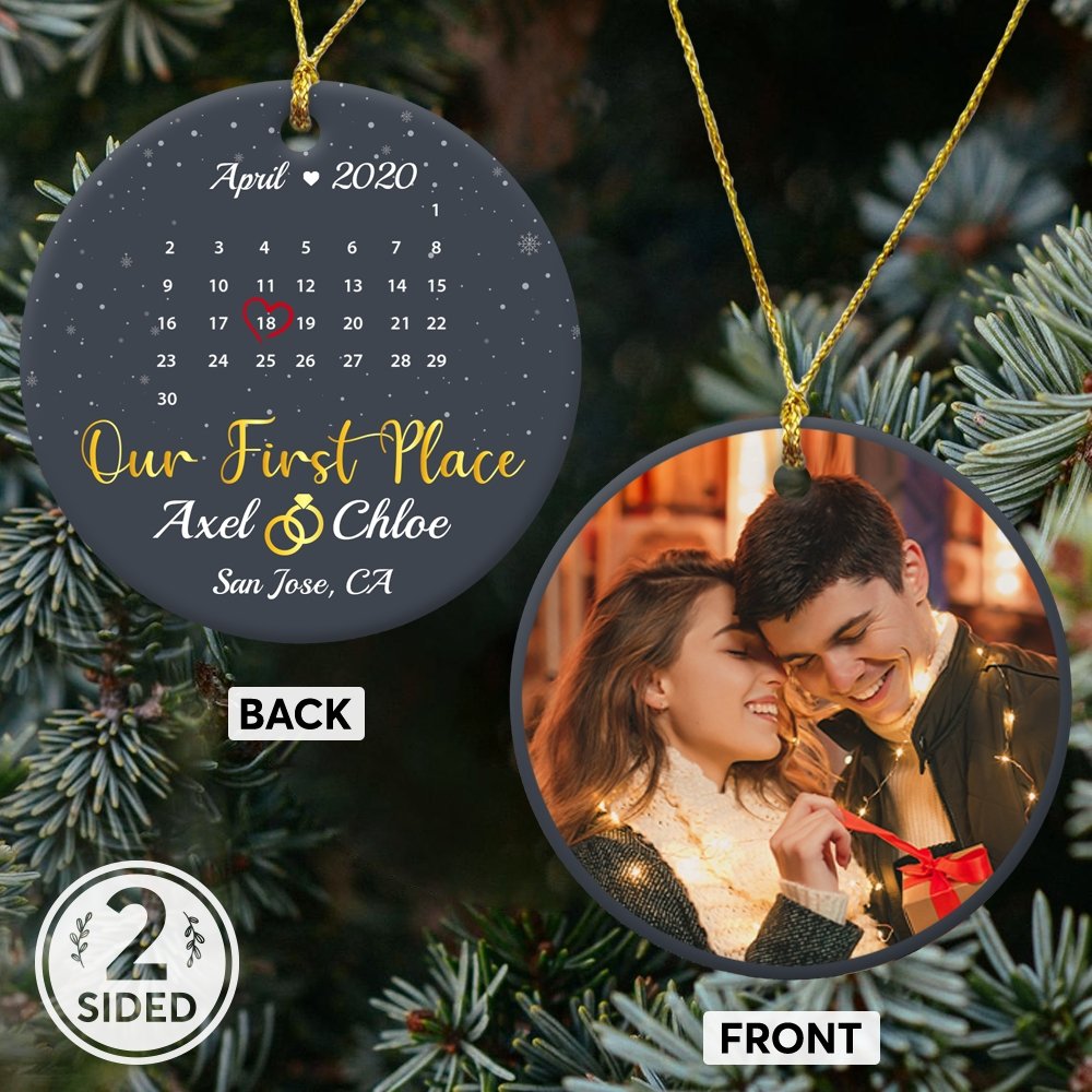 Our First Place Custom Photo, Date And Text Anniversary Gift Navy Background Decorative Christmas Circle Ornament 2 Sided