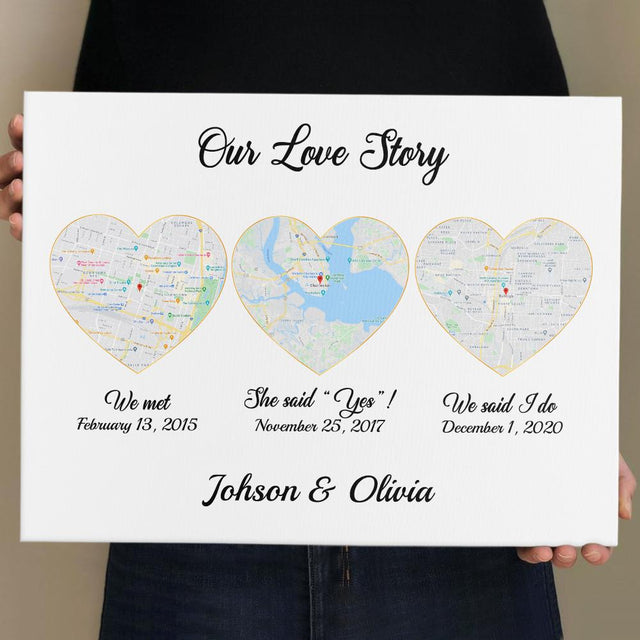 Our Love Story We Met She Said Yes We Said I Do Custom Map Print Canvas White Background