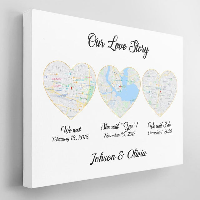 Our Love Story We Met She Said Yes We Said I Do Custom Map Print Canvas White Background