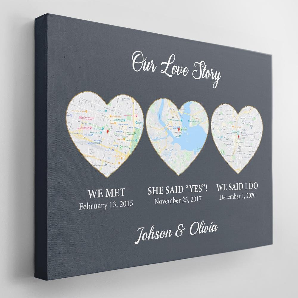 Our Love Story We Met She Said Yes We Said I Do Custom Map Print Navy Background Canvas