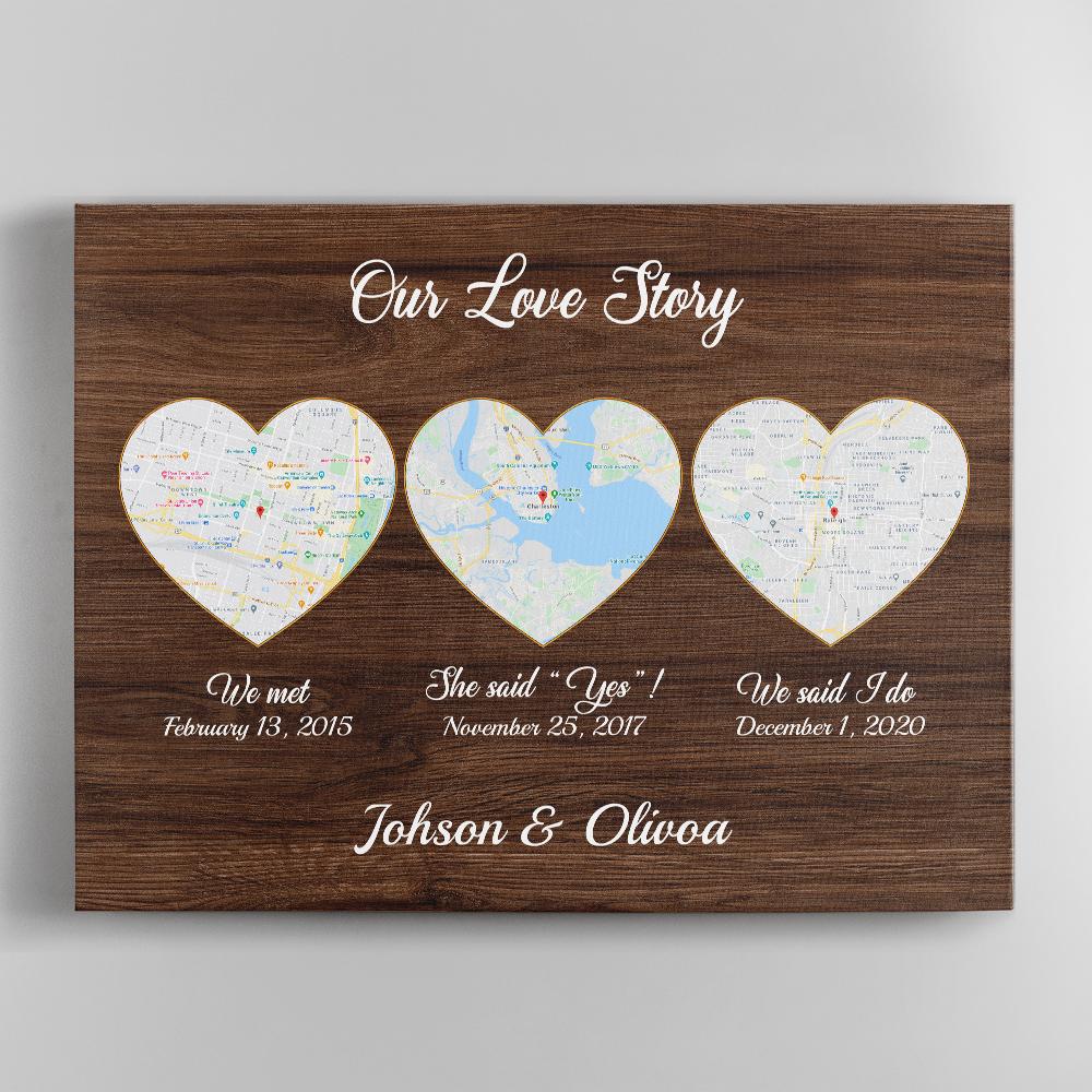 Our Love Story We Met She Said Yes We Said I Do Wood Background Canvas