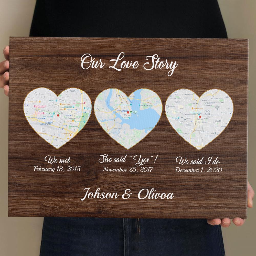 Our Love Story We Met She Said Yes We Said I Do Wood Background Canvas