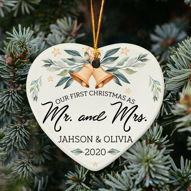Ours First Christmas As Ms & Mrs 2020 Custom Text Grey Background Decorative Christmas Heart Ornament 2 Sided