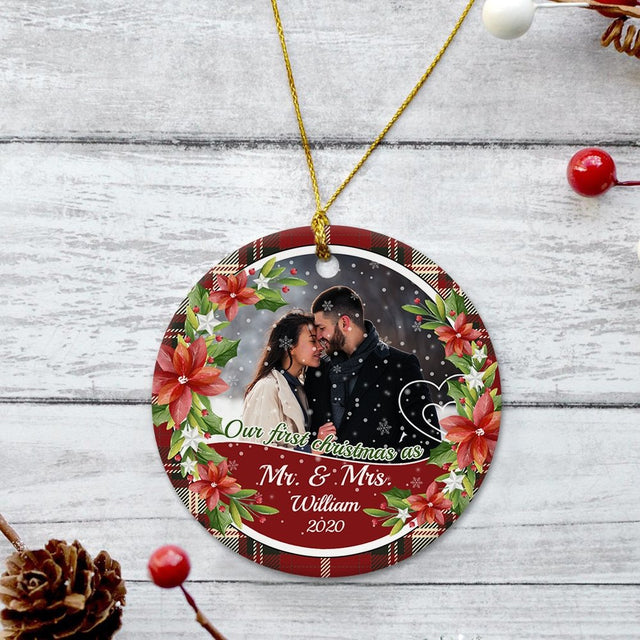 Ours First Christmas As Ms & Mrs 2020 Custom Upload Photo And Text Decorative Christmas Circle Ornament 2 Sided