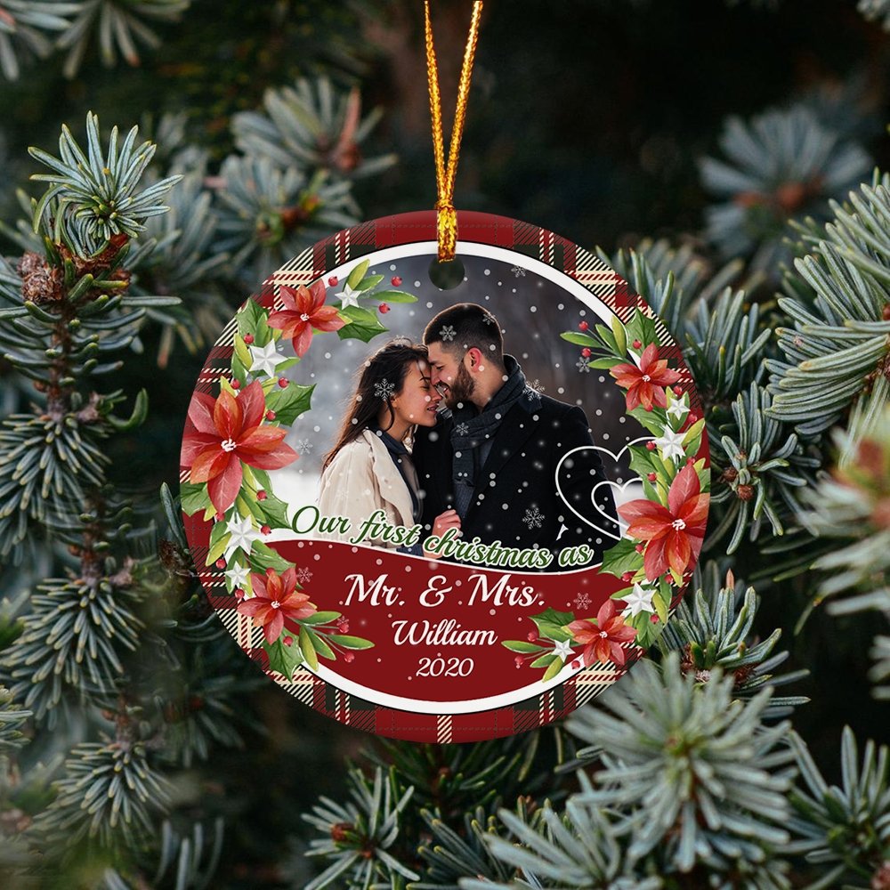 Ours First Christmas As Ms & Mrs 2020 Custom Upload Photo And Text Decorative Christmas Circle Ornament 2 Sided