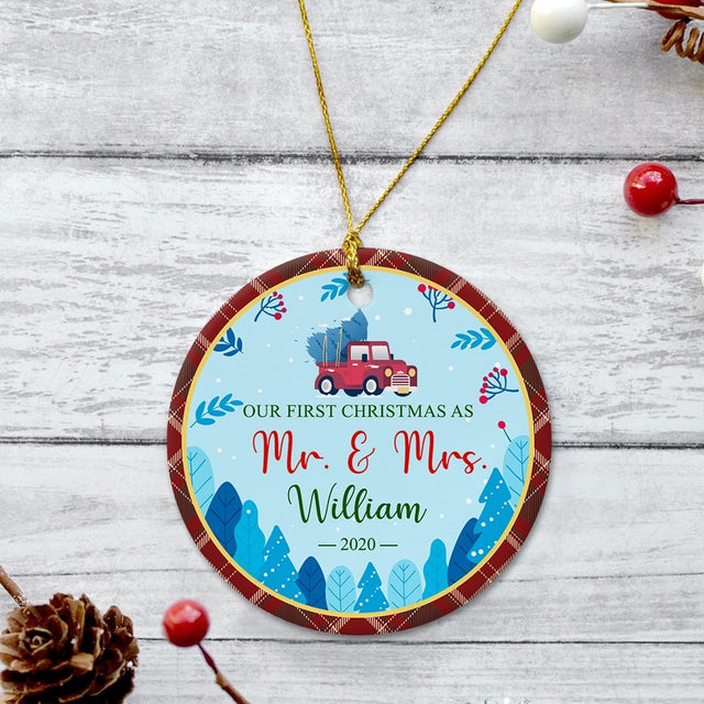Ours First Christmas As Ms & Mrs Christmas Tree Blue Background Decorative Christmas Circle Ornament 2 Sided