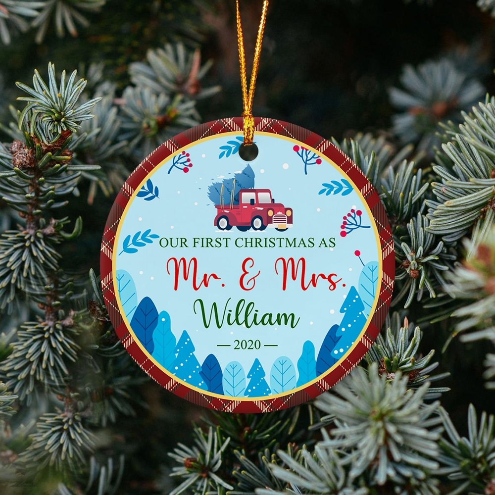 Ours First Christmas As Ms & Mrs Christmas Tree Blue Background Decorative Christmas Circle Ornament 2 Sided