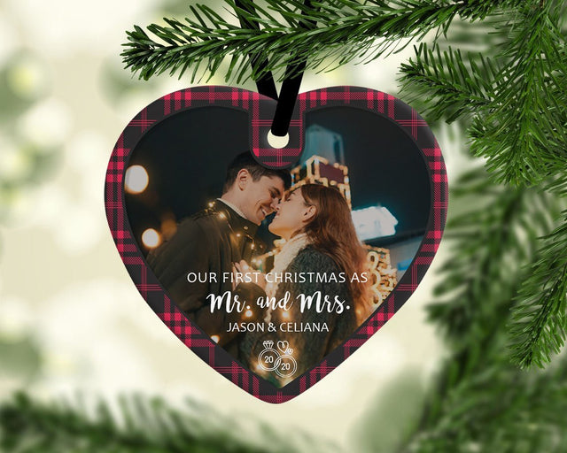 Ours First Christmas As Ms & Mrs Custom Photo And Text Decorative Christmas Heart Ornament 2 Sided