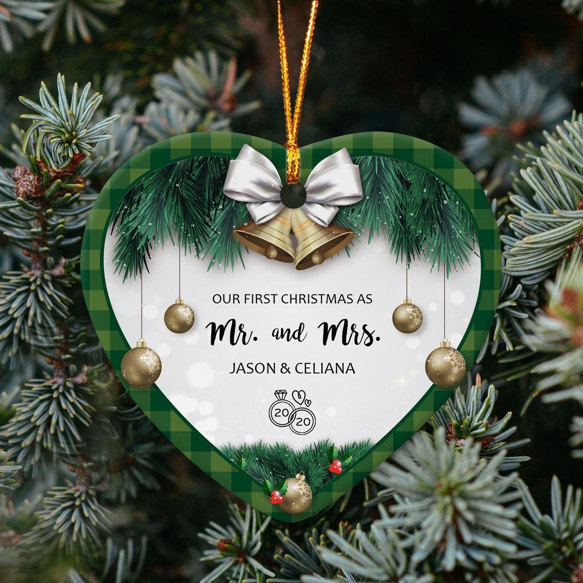 Ours First Christmas As Ms & Mrs Custom Text Decorative Christmas Heart Ornament 2 Sided