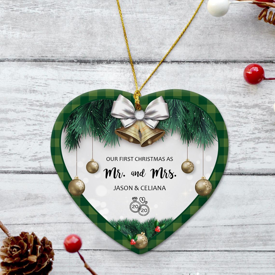 Ours First Christmas As Ms & Mrs Custom Text Decorative Christmas Heart Ornament 2 Sided