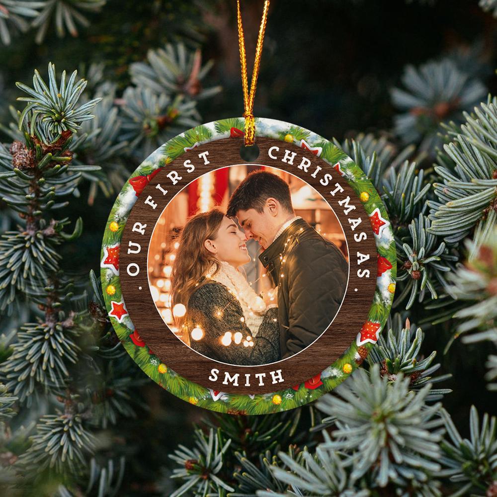 Ours First Christmas Custom Photo And Text Decorative Christmas Circle Ornament 2 Sided