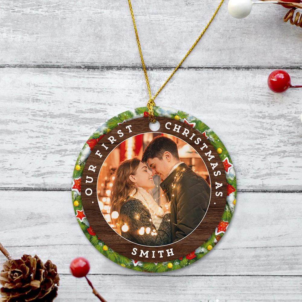 Ours First Christmas Custom Photo And Text Decorative Christmas Circle Ornament 2 Sided