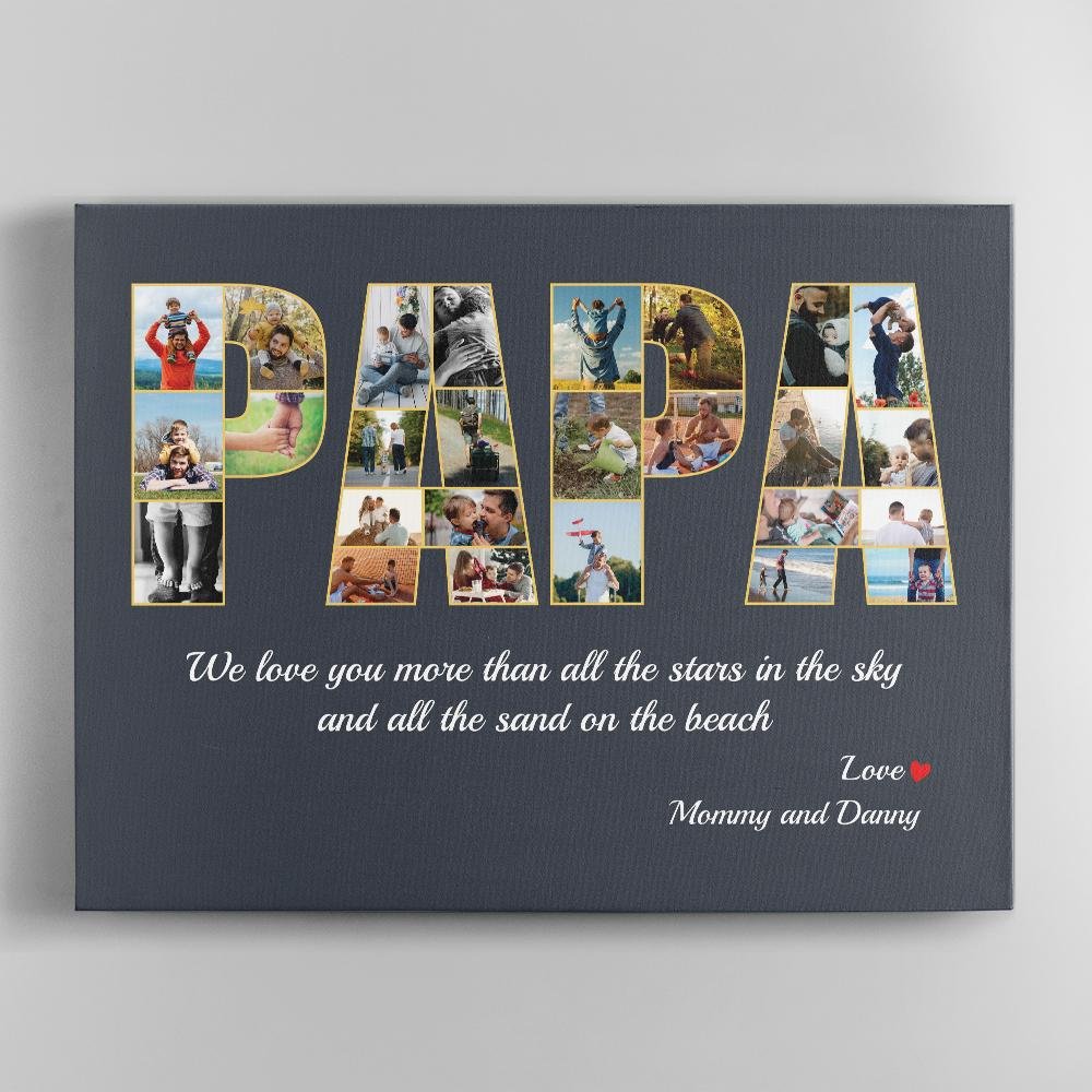 Papa Custom Photo Collage, 26 Pictures, Personalized Name And Text Canvas Wall Art