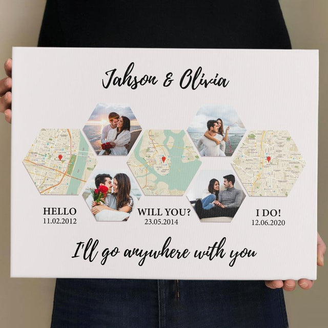Personalized Map, Photos, Text Hexagon Style Wall Canvas