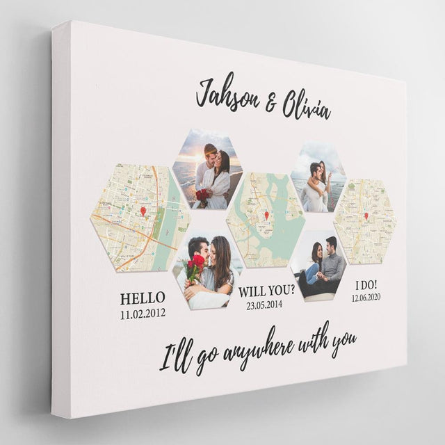Personalized Map, Photos, Text Hexagon Style Wall Canvas