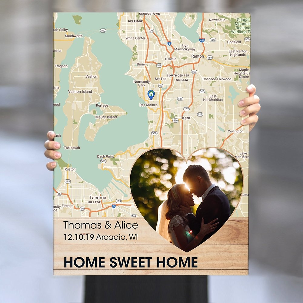 Personalized Map Print And Photo, Custom Text Wood Background Canvas