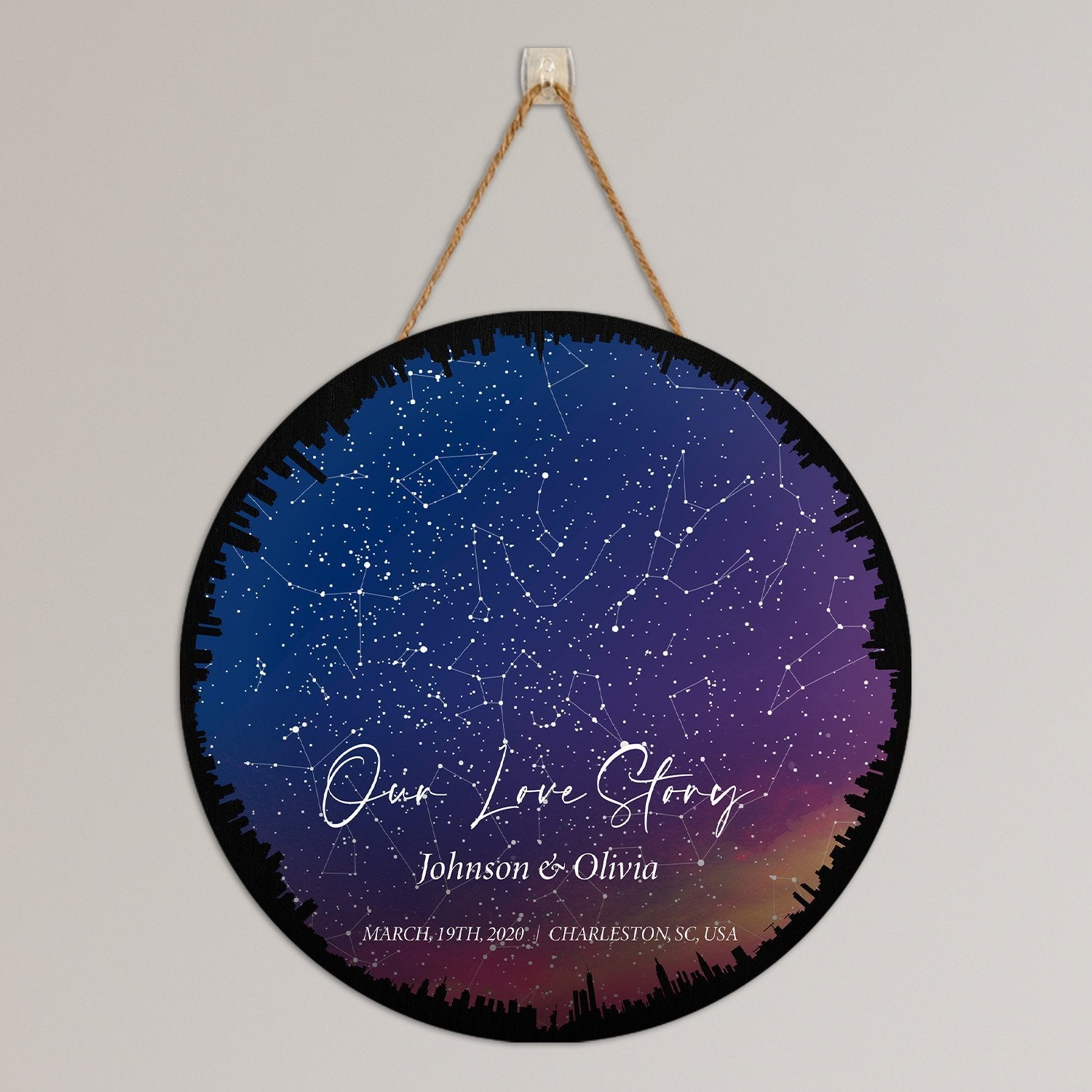 Personalized Night Sky And Custom Text City Background, Round Sign