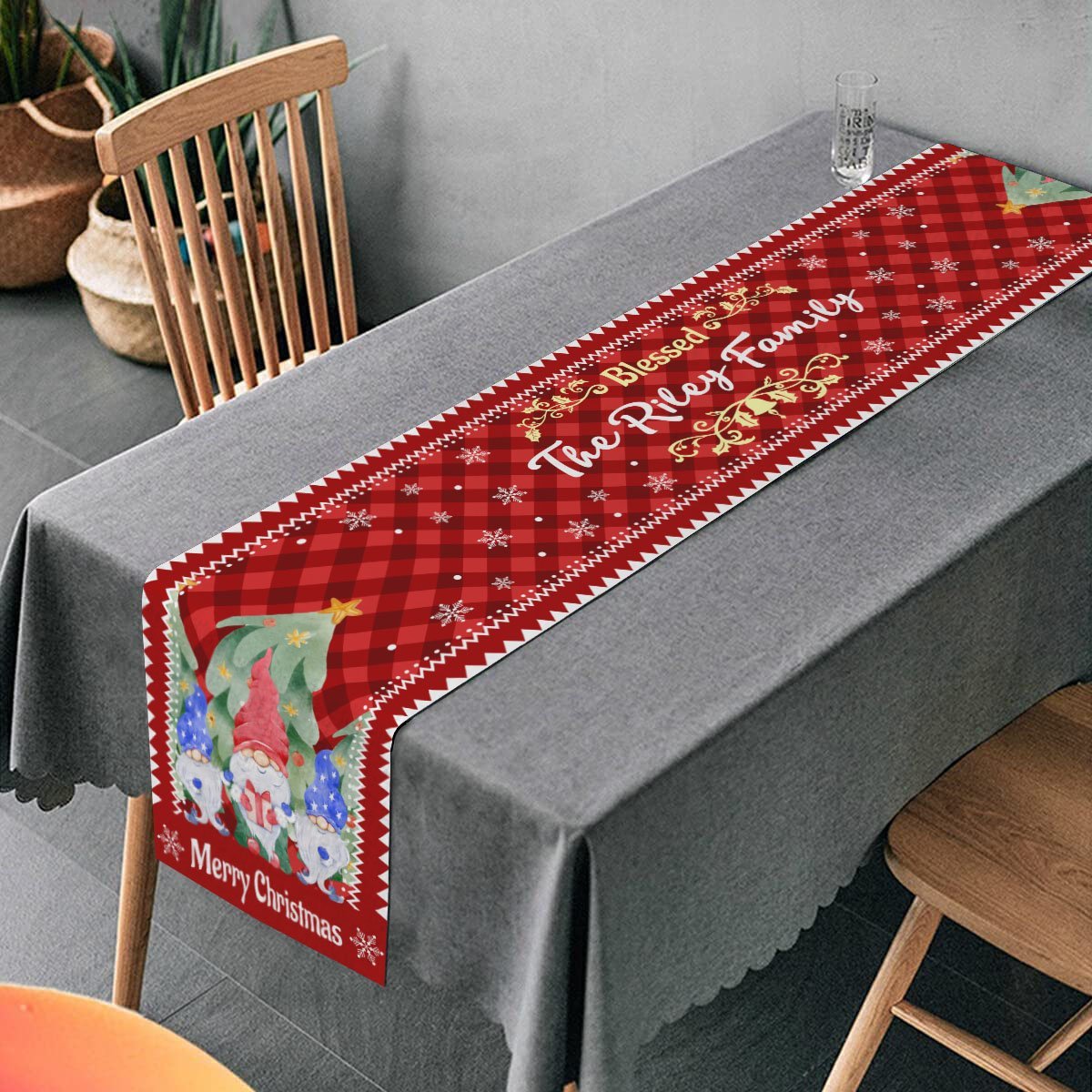 Personalized Table Runner, Blessed Family, Gnome Christmas