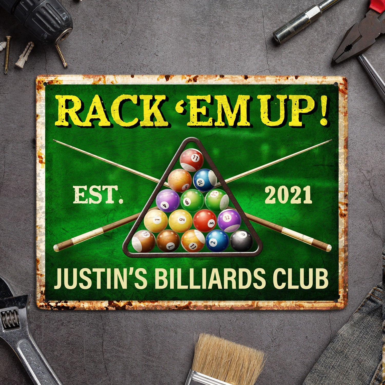 Rack 'Em Up, Custom Billiards Club Sign, Customizable Name And Year