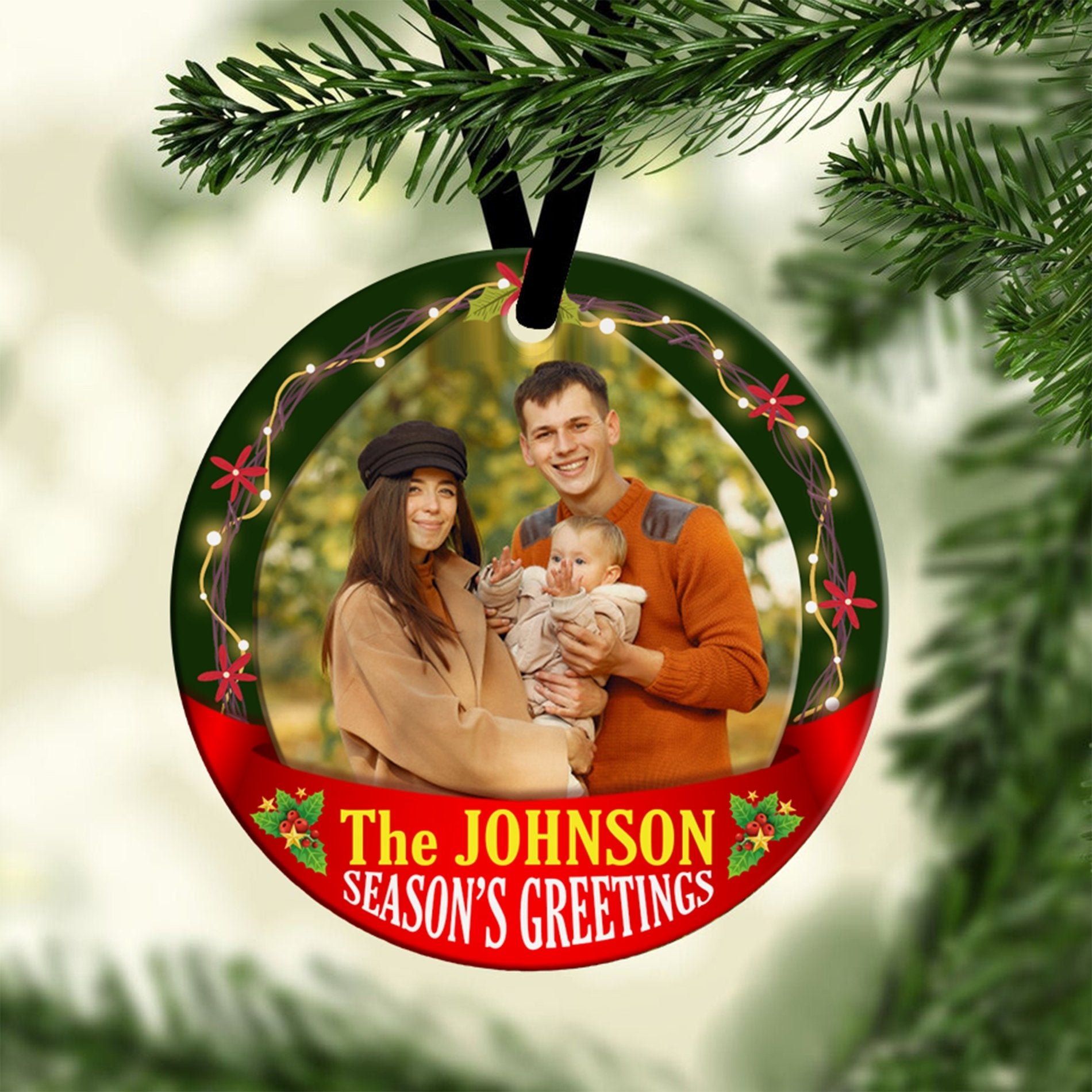 Season's Gettings Family Photo Decorative Christmas Circle Ornament 2 Sided