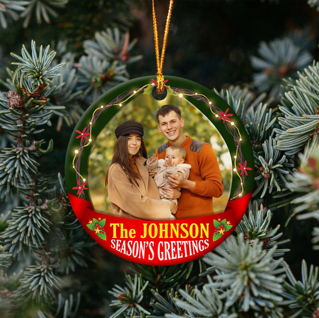 Season's Gettings Family Photo Decorative Christmas Circle Ornament 2 Sided