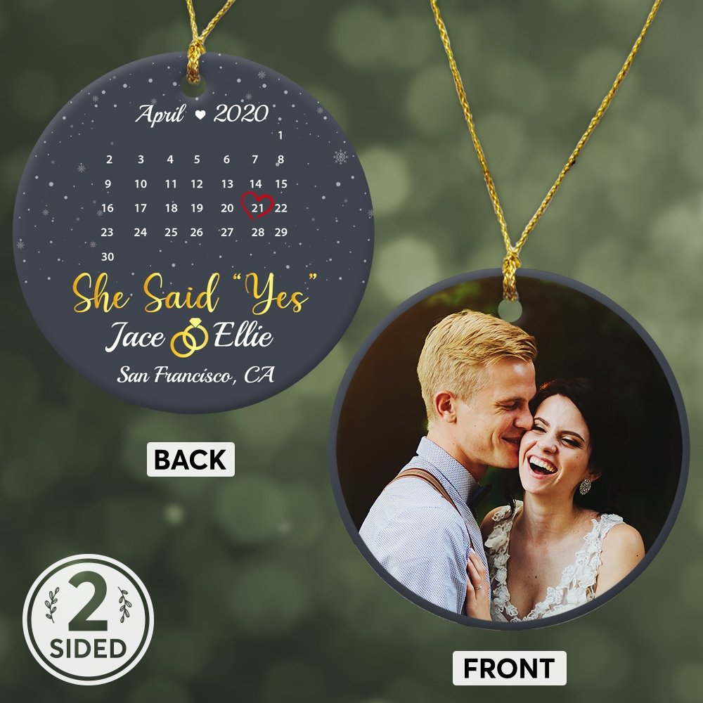 She Said Yes Custom Photo, Date And Text Anniversary Gift Navy Background Decorative Christmas Circle Ornament 2 Sided