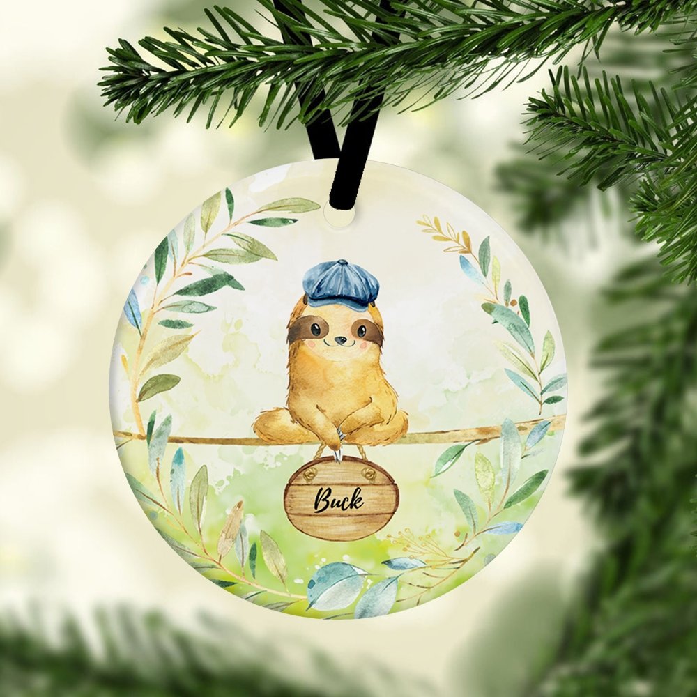 Sloth Custom Name Decorative Christmas Circle Ornament 2 Sided