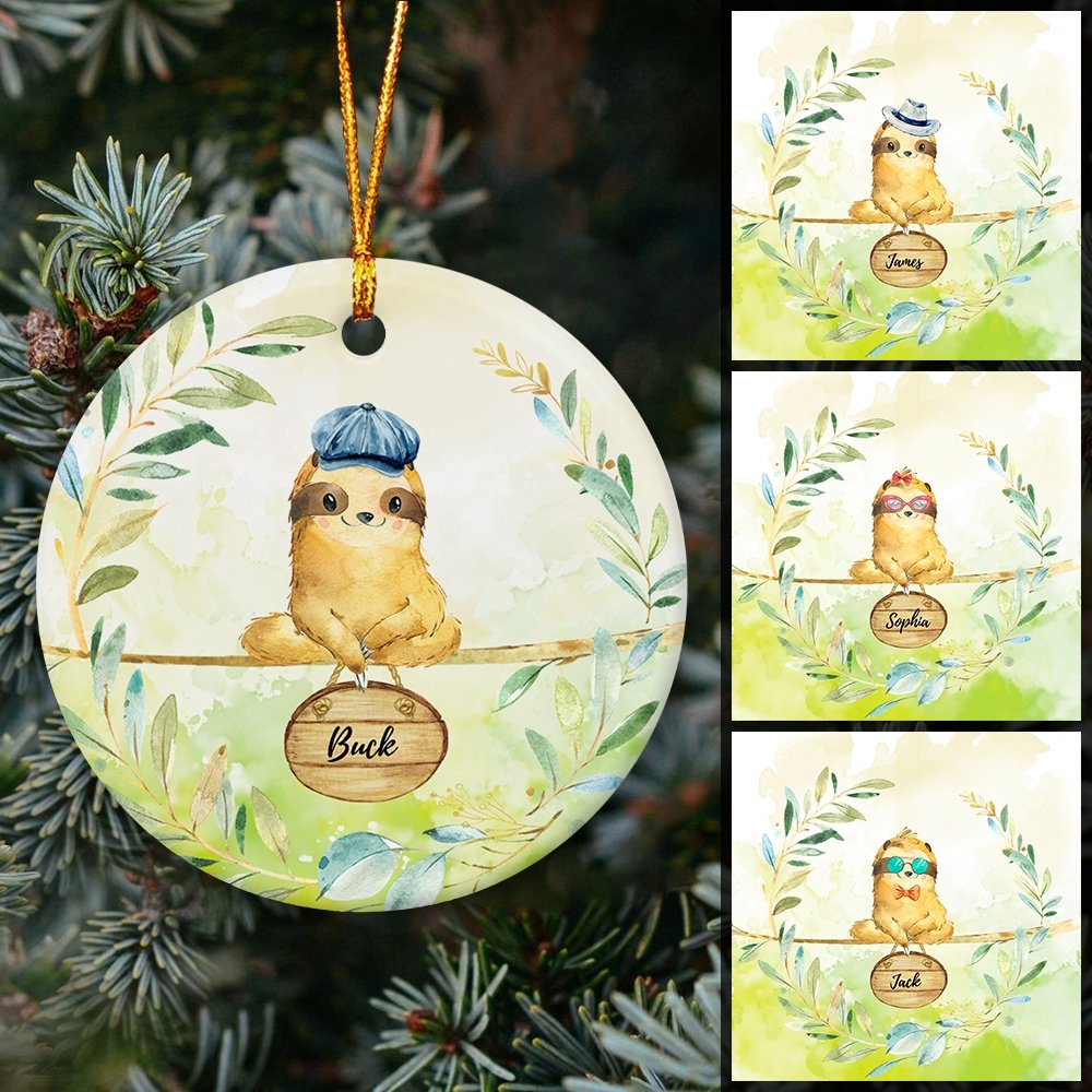 Sloth Custom Name Decorative Christmas Circle Ornament 2 Sided