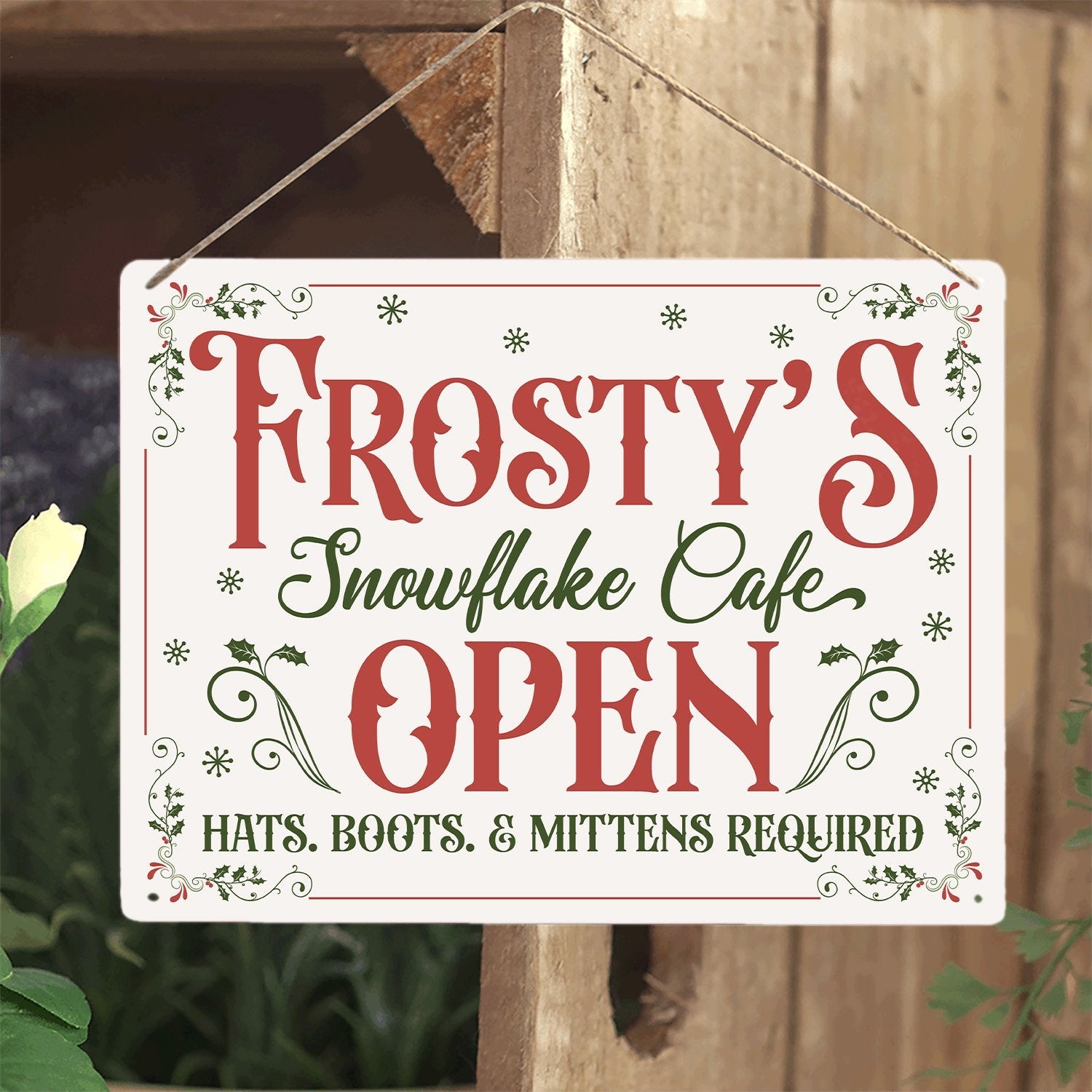 Snowflake Cafe Sign, Open Hats, Boots, Mittens, Required Custom Metal Sign