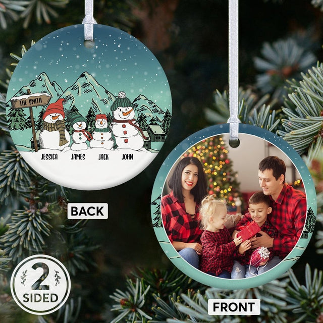 Snowman Family Custom Photo And Text Decorative Christmas Circle Ornament 2 Sided