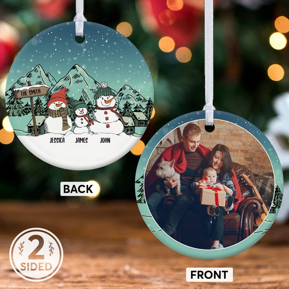 Snowman Family Custom Photo And Text Decorative Christmas Circle Ornament 2 Sided