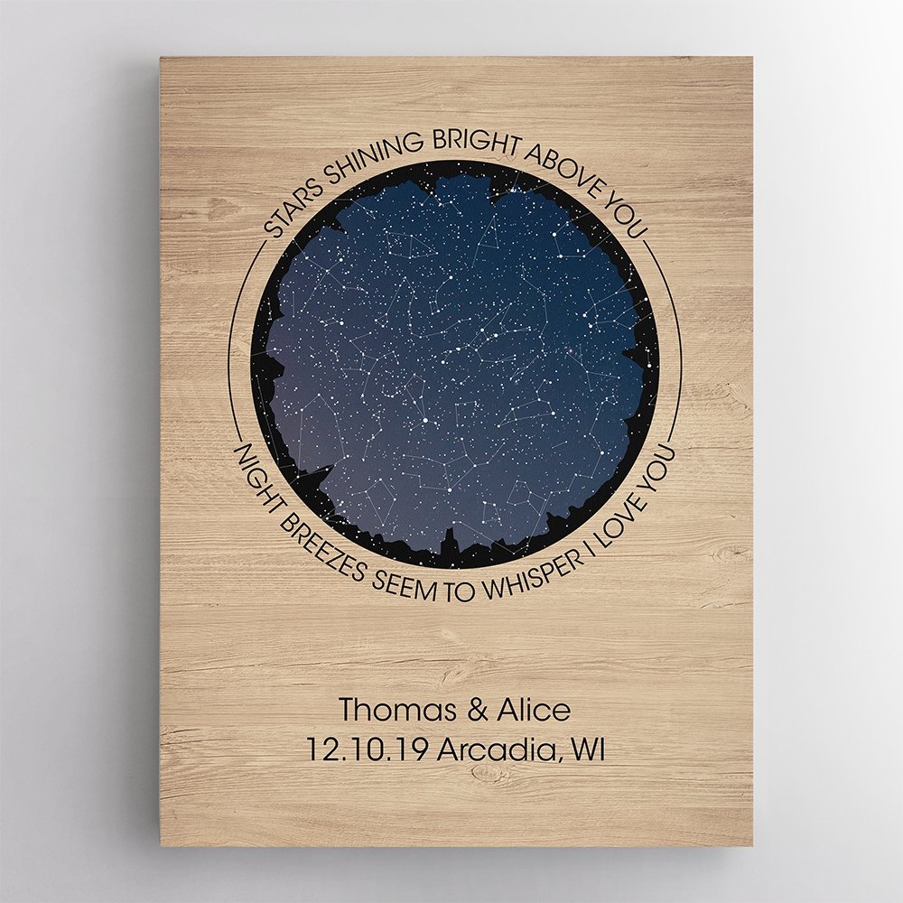 Stars Shining Bright Above You, Night Breezes Seem To Whisper I Love You Custom Star Map And Text Light Wood Mountain Background Canvas