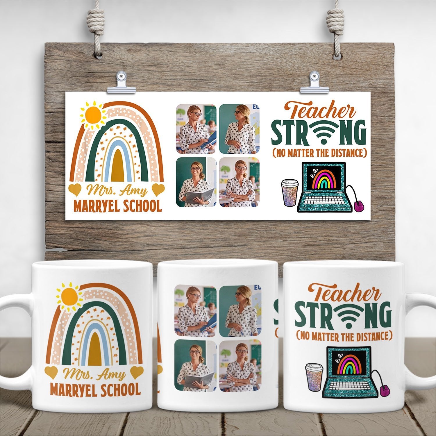 Teacher Strong No Matter The Distance, Custom Photo Collage, 4 Pictures, White Mug