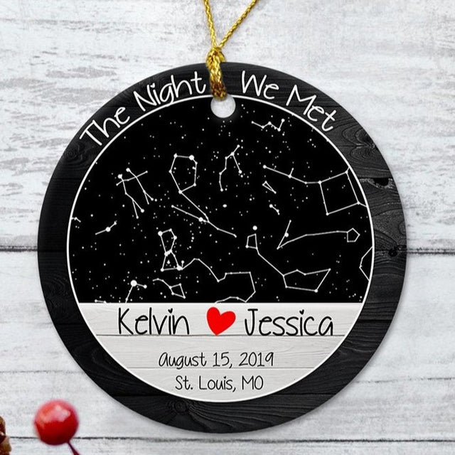 The Night We Met Custom Star Map, Name And Location Light Wood Background Decorative Christmas Circle Ornament