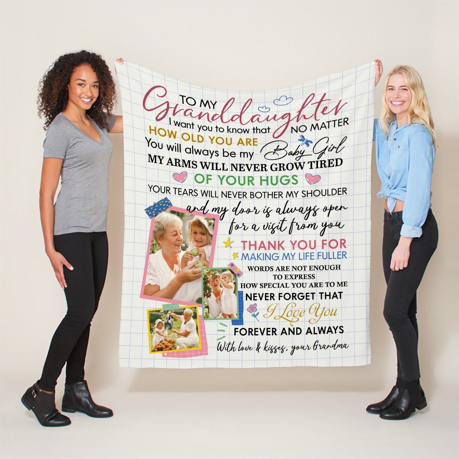To My Granddaughter, Thank You For Making My Life Fuller, Custom Photo, Personalized Text Blanket