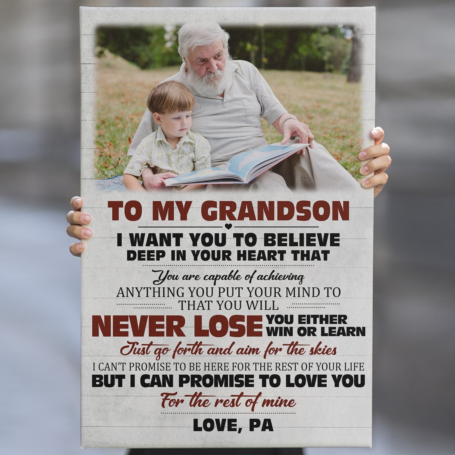 To My Grandson, Never Lose You Either Win Or Learn, Custom Photo, Personalized Text Canvas Art Print