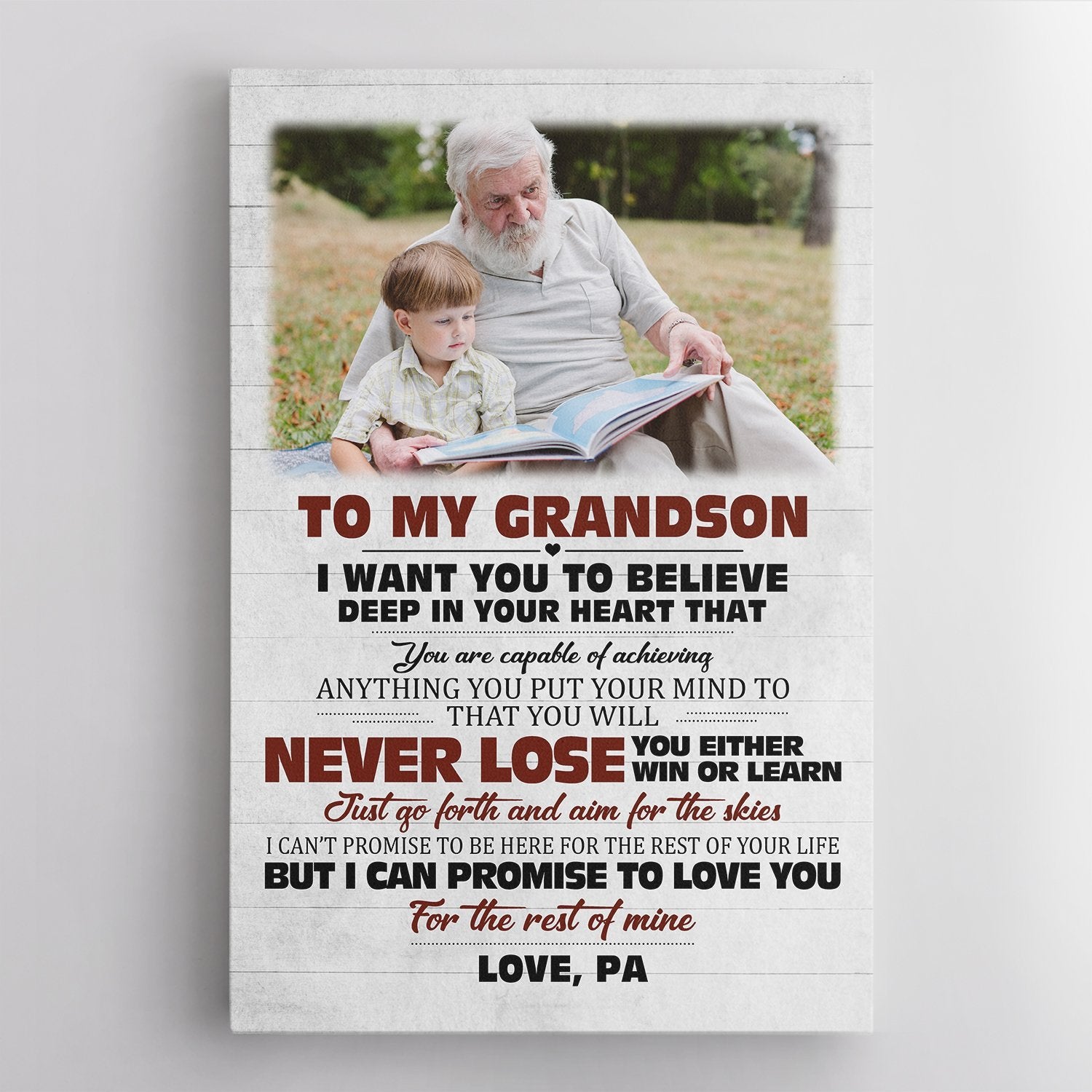 To My Grandson, Never Lose You Either Win Or Learn, Custom Photo, Personalized Text Canvas Art Print