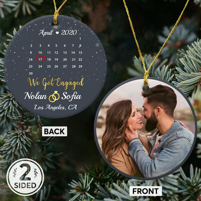 We Got Engaged Custom Photo, Date And Text Anniversary Gift Navy Background Decorative Christmas Circle Ornament 2 Sided