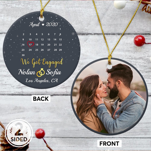 We Got Engaged Custom Photo, Date And Text Anniversary Gift Navy Background Decorative Christmas Circle Ornament 2 Sided